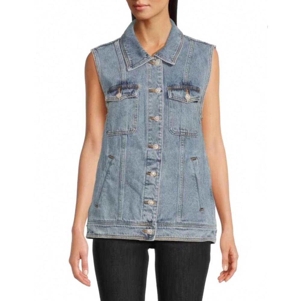 NEW AMANDA UPRICHARD rhinestone embellished button greyson denim vest in blue - Picture 3 of 5
